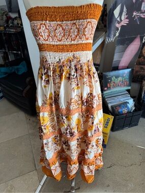 Smocked Strapless Maxi Boho Dress in Floral Print